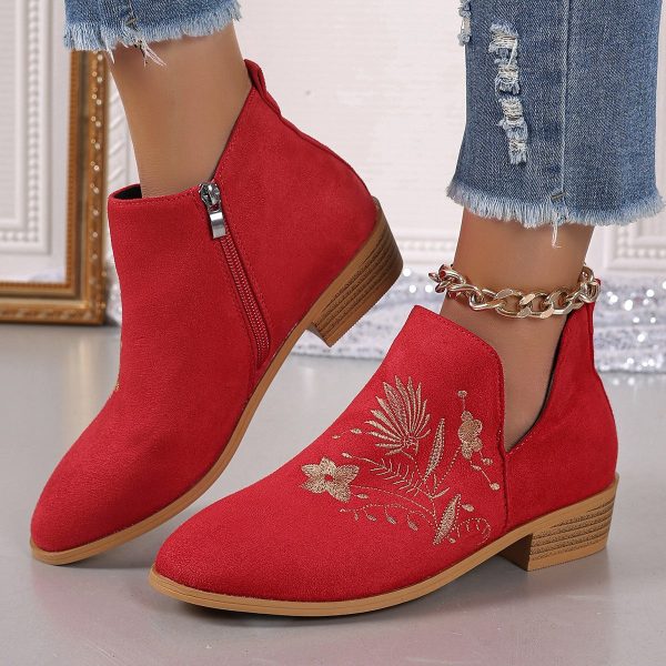 Embroidered Suede Point Toe Block Heel Boots Hot on Sale - Image 4