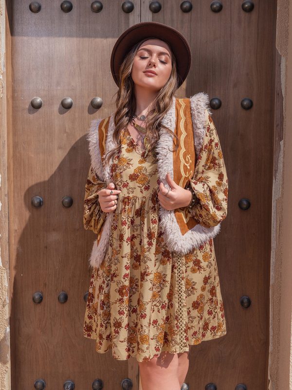 Plus Size Printed V-Neck Balloon Sleeve Mini Dress Online now - Image 5
