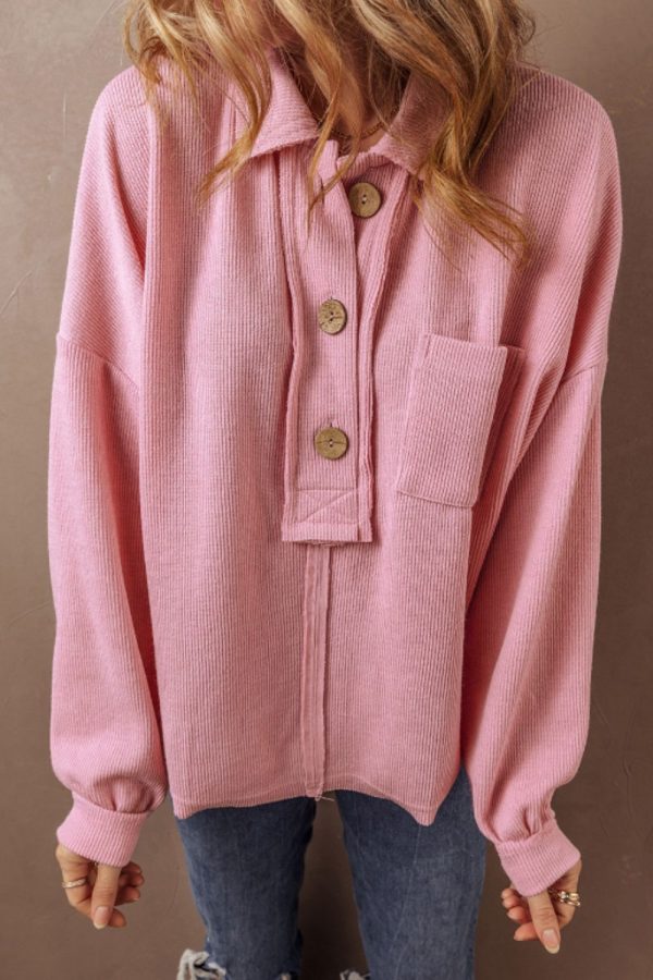Pocketed Half Button Long Sleeve Sweatshirt Cheap - Image 5