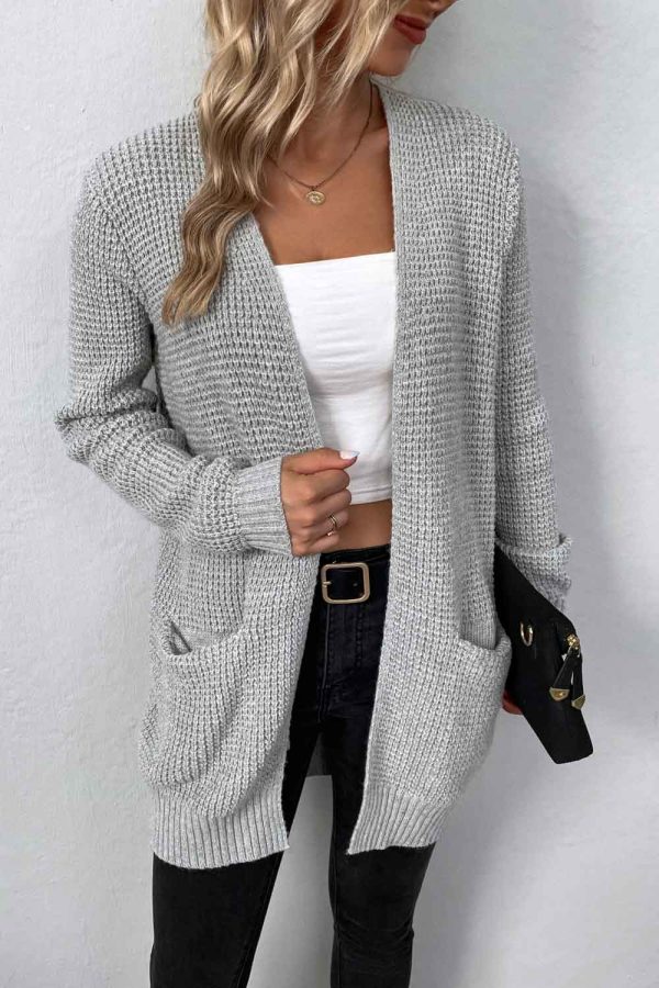 Rib-Knit Open Front Pocketed Cardigan Fashion - Image 4