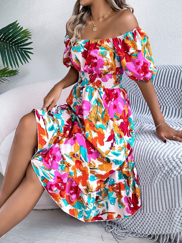 Ruffled Hem Smocked Floral Short Sleeve Midi Dress Online now - Image 3