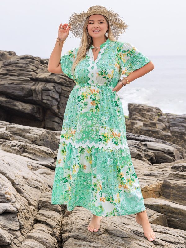 Plus Size Printed Notched Short Sleeve Maxi Dress Discount