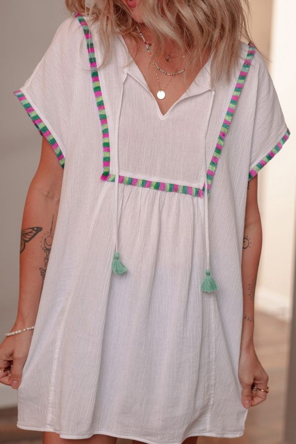 Tassel Tie Neck Short Sleeve Blouse For Sale - Image 2