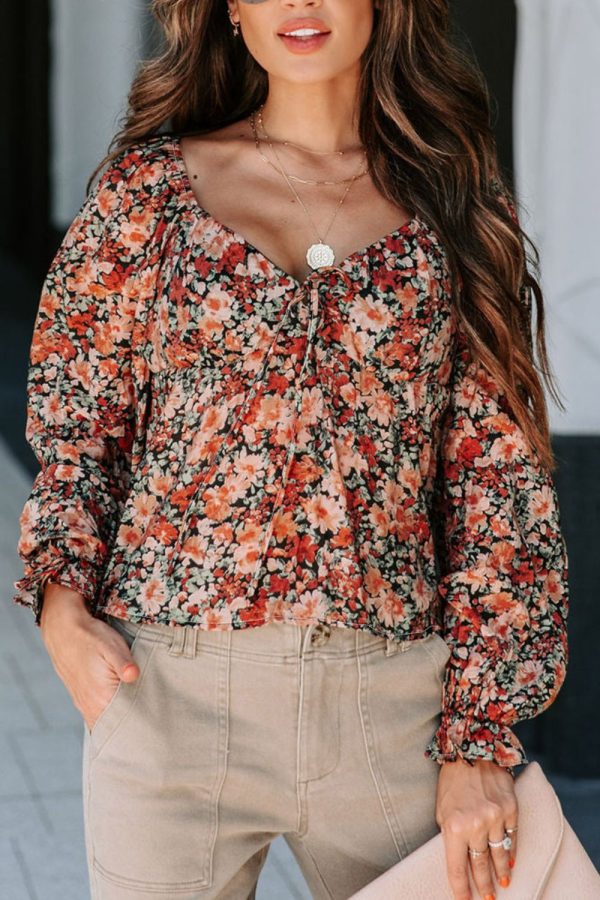Peplum Tied Flora Long Sleeve Blouse Supply - Image 4