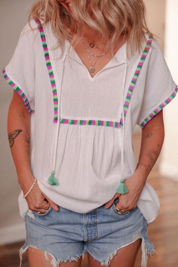 Tassel Tie Neck Short Sleeve Blouse For Sale