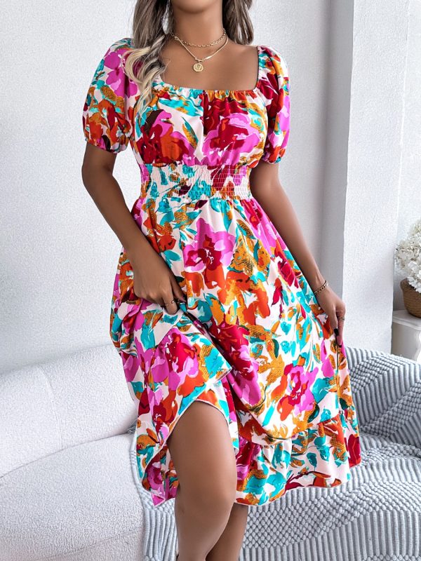 Ruffled Hem Smocked Floral Short Sleeve Midi Dress Online now - Image 5