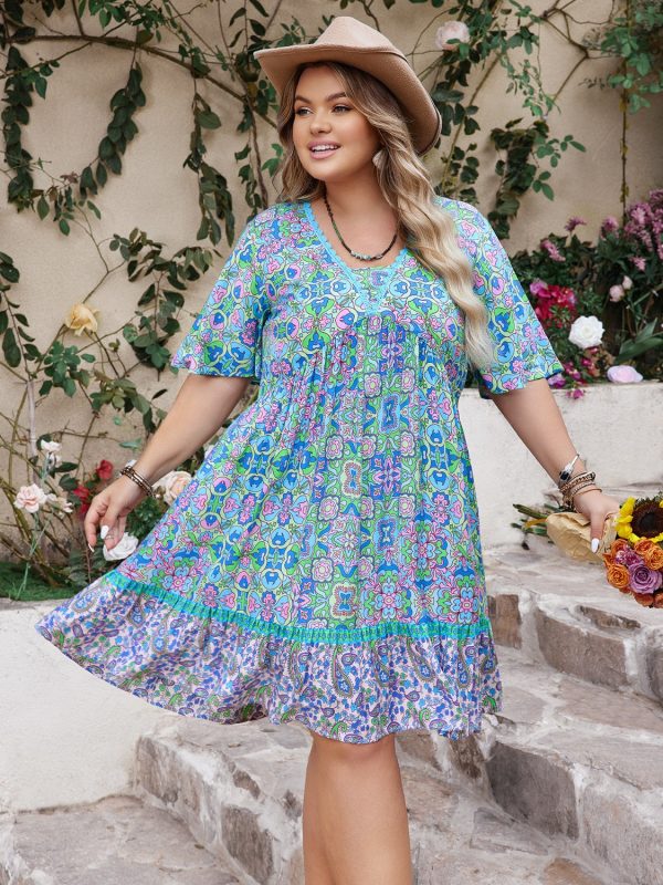 Plus Size Ruffled Hem Lace Detail Printed Half Sleeve Dress on Sale