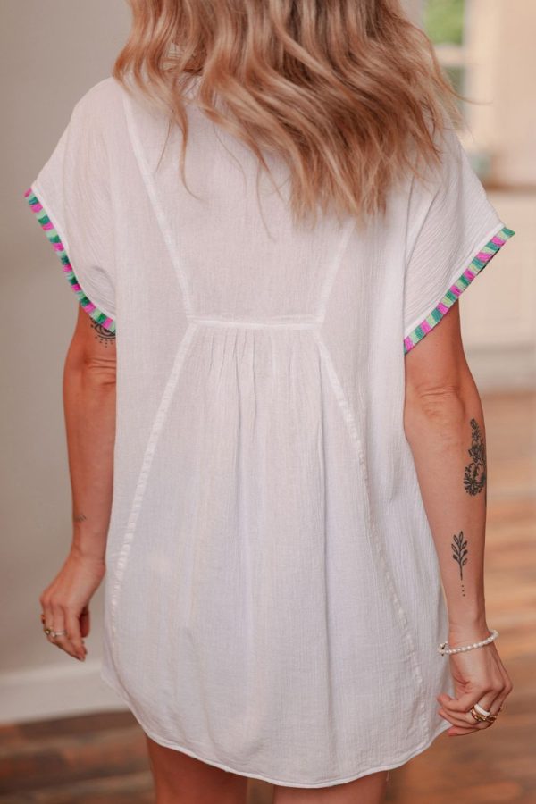 Tassel Tie Neck Short Sleeve Blouse For Sale - Image 3
