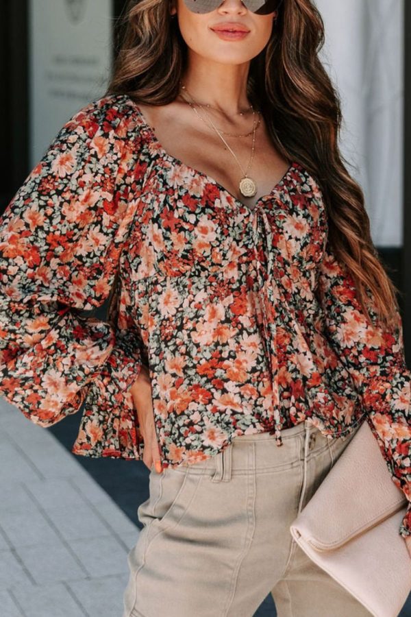 Peplum Tied Flora Long Sleeve Blouse Supply - Image 3