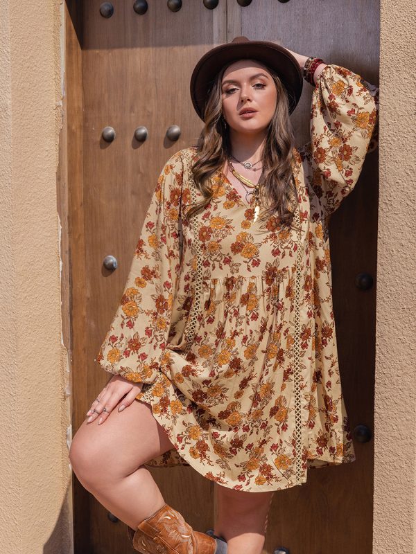 Plus Size Printed V-Neck Balloon Sleeve Mini Dress Online now