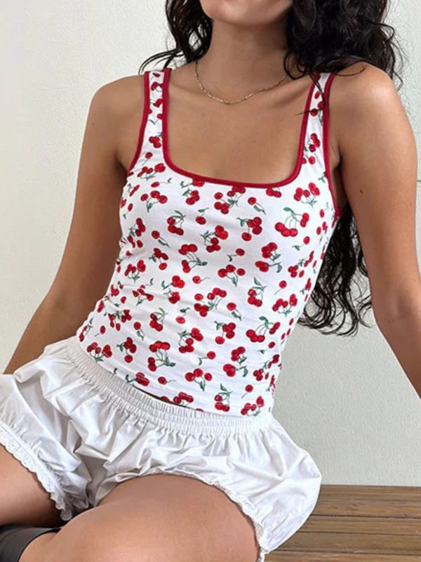 Cherry Print Square Neck Tank For Discount - Image 3