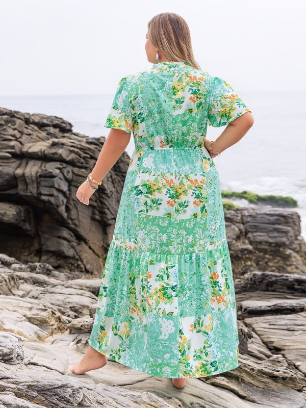 Plus Size Printed Notched Short Sleeve Maxi Dress Discount - Image 4