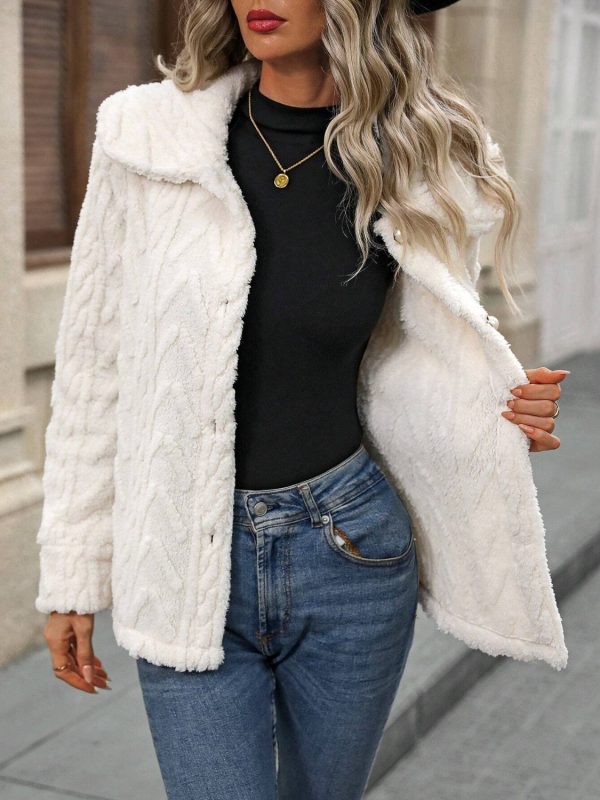 Fuzzy Texture Button Up Collared Neck Coat Supply - Image 4