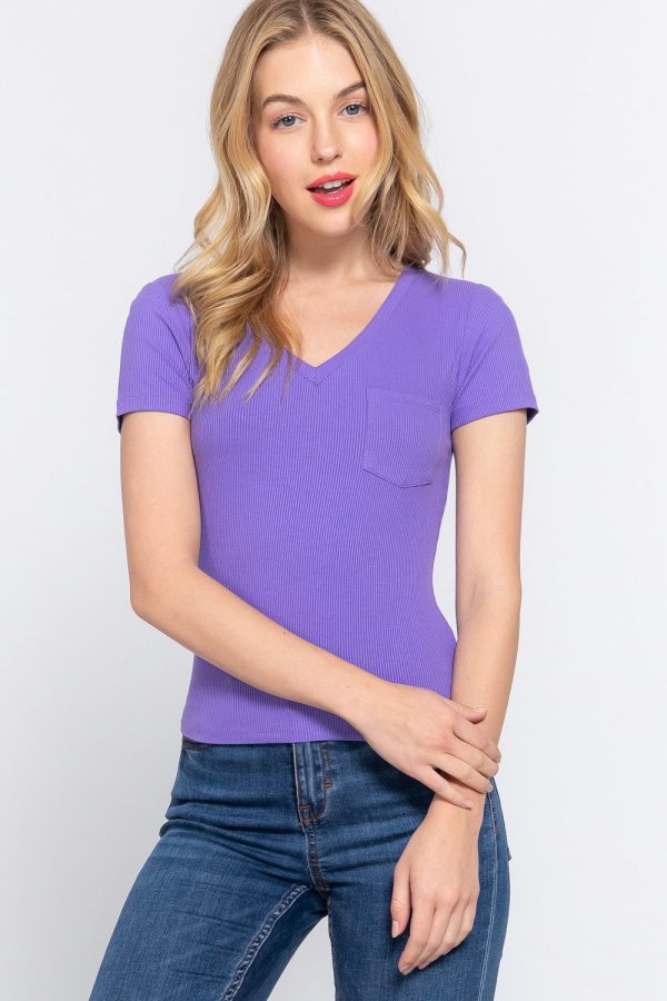 ACTIVE BASIC V-Neck Ribbed Short Sleeve Knit T-Shirt For Discount