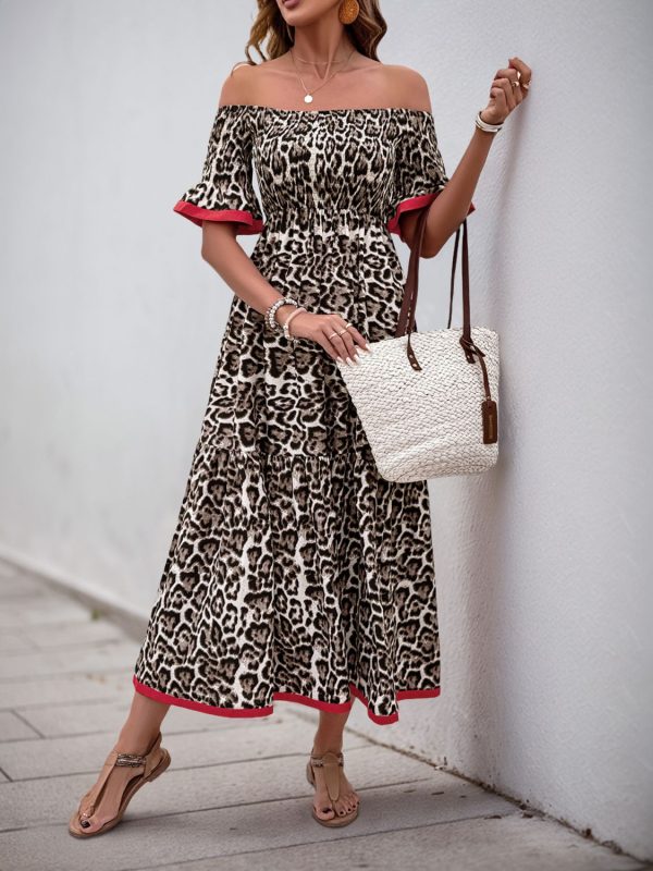 Perfee Leopard Off-Shoulder Flounce Sleeve Midi Dress Sale
