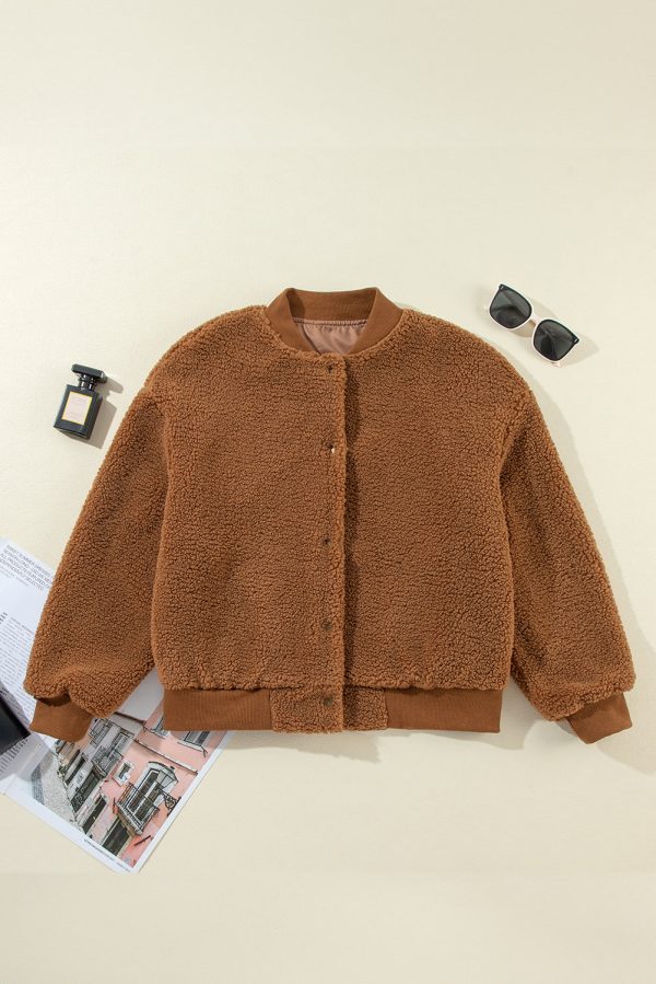 Baseball Collar Long Sleeve Sherpa Jacket Discount - Image 5