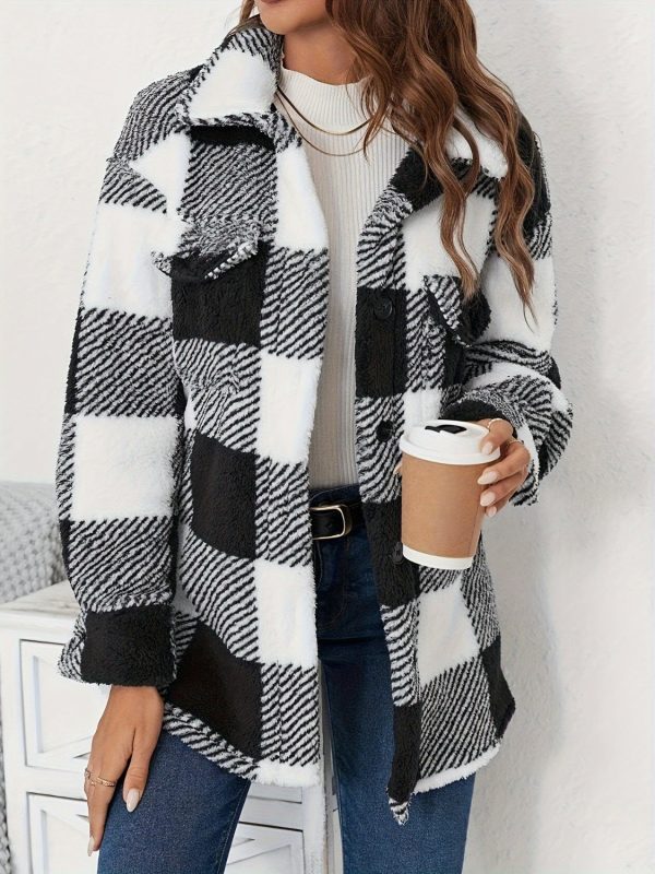 Plaid Button Up Long Sleeve Fuzzy Outerwear Discount - Image 2