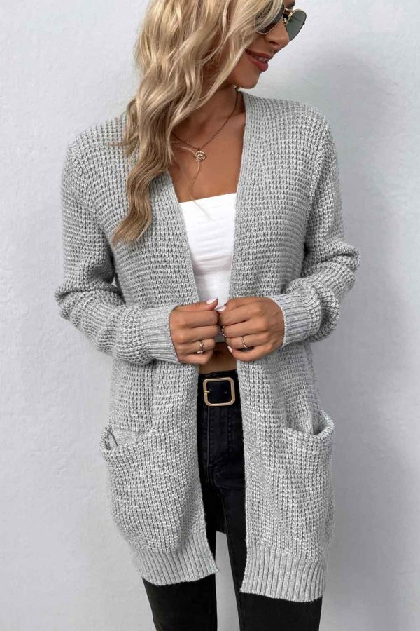 Rib-Knit Open Front Pocketed Cardigan Fashion