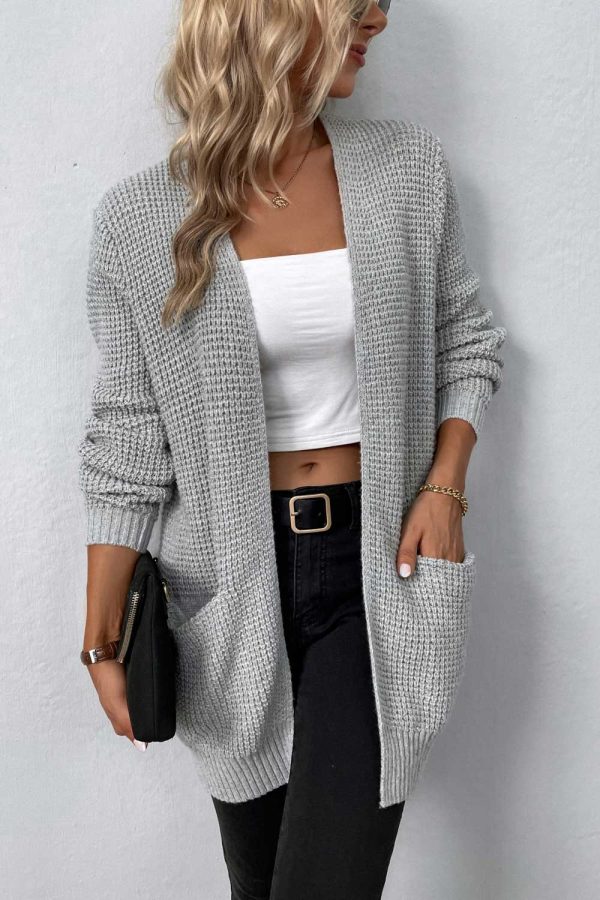 Rib-Knit Open Front Pocketed Cardigan Fashion - Image 3