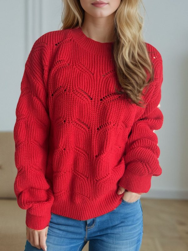 Openwork Round Neck Dropped Shoulder Sweater Online Sale - Image 3