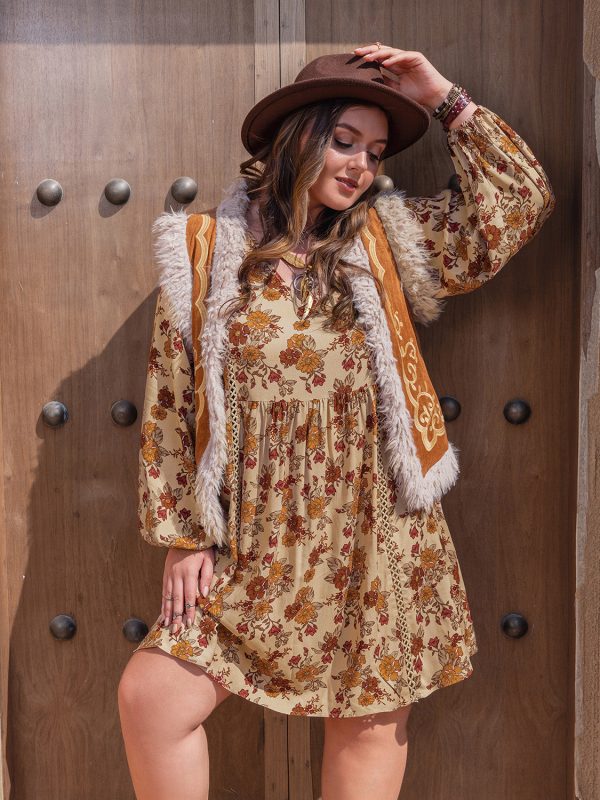 Plus Size Printed V-Neck Balloon Sleeve Mini Dress Online now - Image 3