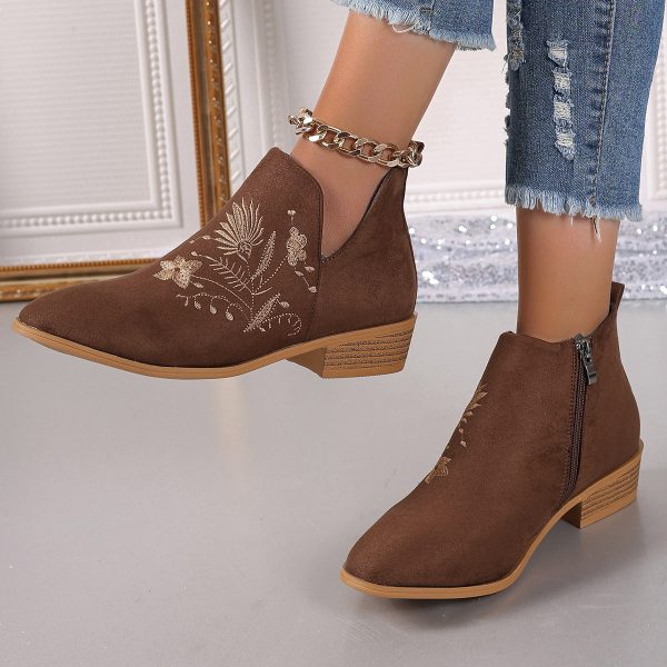 Embroidered Suede Point Toe Block Heel Boots Hot on Sale - Image 3