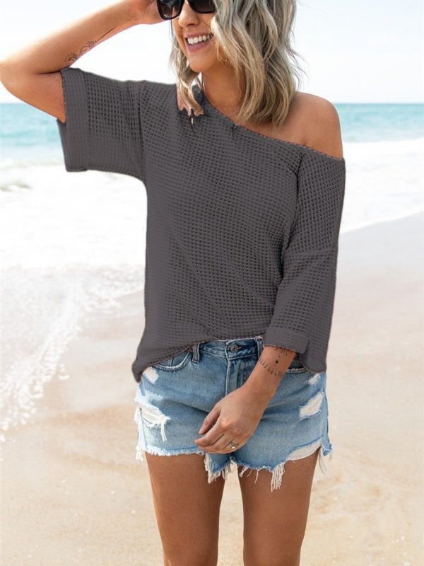 Waffle Knit Boat Neck Half Sleeve T-Shirt on Sale - Image 5