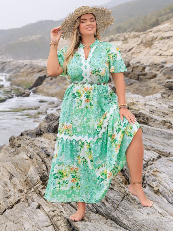 Plus Size Printed Notched Short Sleeve Maxi Dress Discount - Image 3