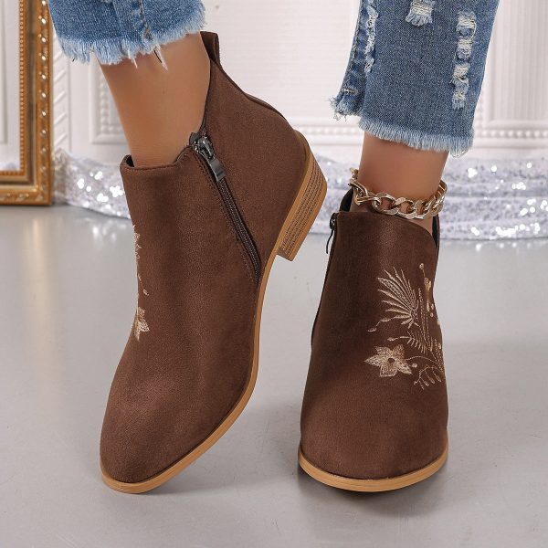 Embroidered Suede Point Toe Block Heel Boots Hot on Sale - Image 2