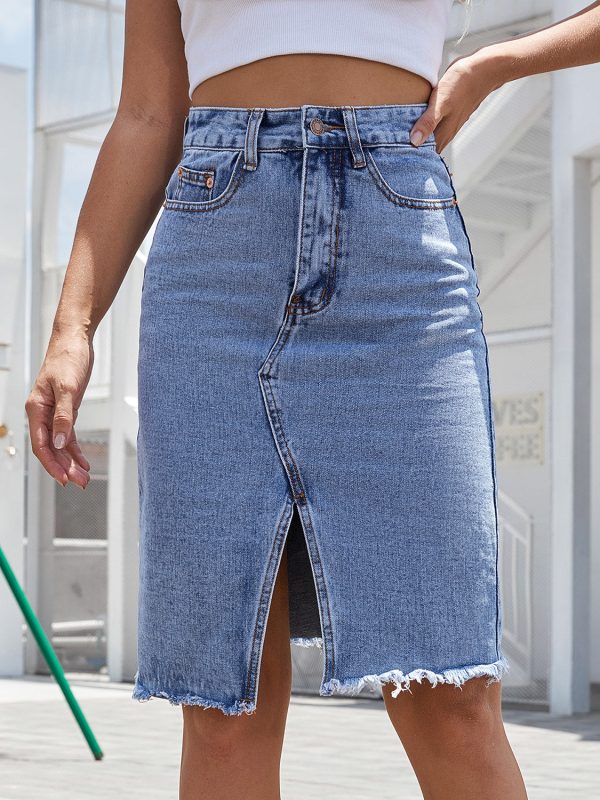 Raw Hem Slit Denim Skirt Fashion