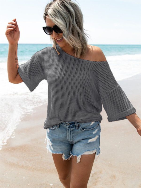 Waffle Knit Boat Neck Half Sleeve T-Shirt on Sale - Image 4