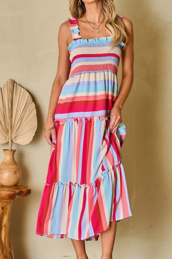 Contrast Stripe Wide Strap Smocked Tiered Dress Discount - Image 3