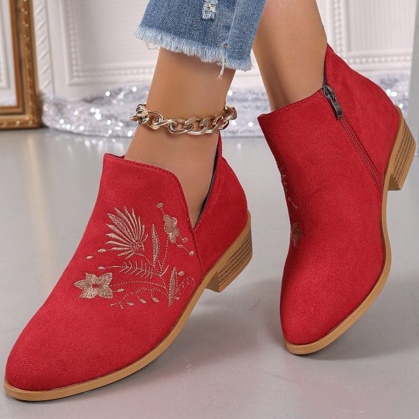 Embroidered Suede Point Toe Block Heel Boots Hot on Sale - Image 5