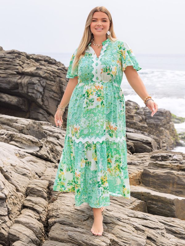 Plus Size Printed Notched Short Sleeve Maxi Dress Discount - Image 2
