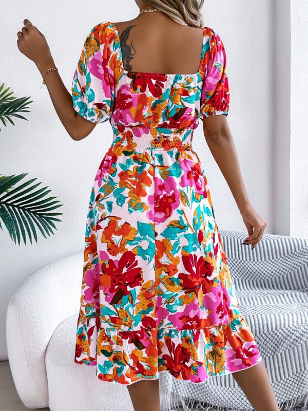 Ruffled Hem Smocked Floral Short Sleeve Midi Dress Online now - Image 4