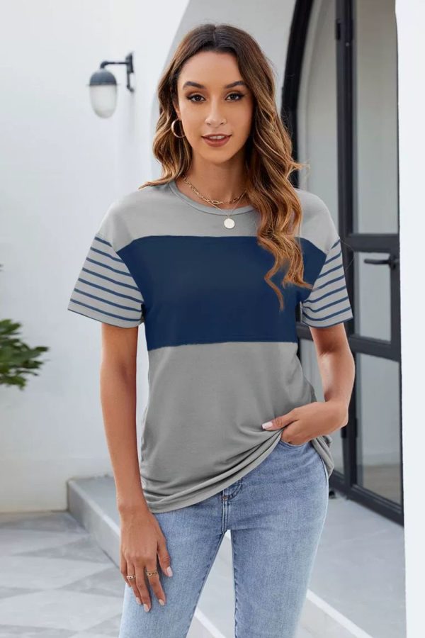 Color Block Round Neck Short Sleeve T-Shirt on Sale - Image 2