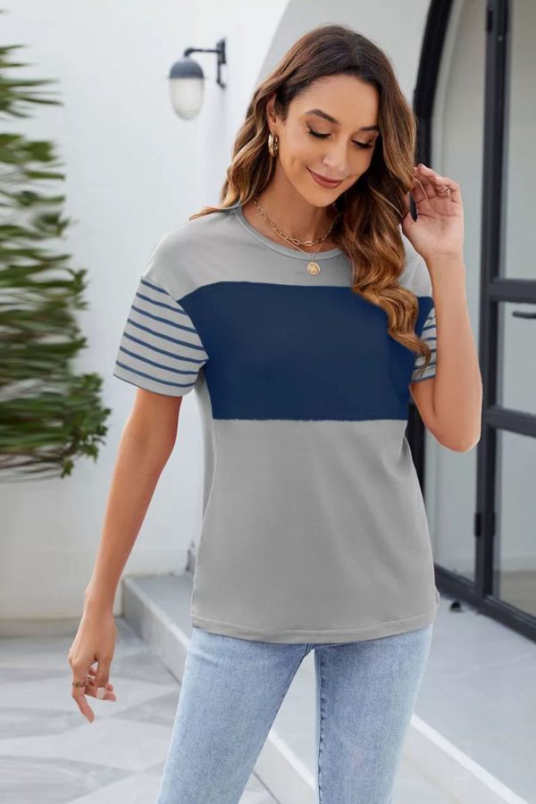 Color Block Round Neck Short Sleeve T-Shirt on Sale - Image 3