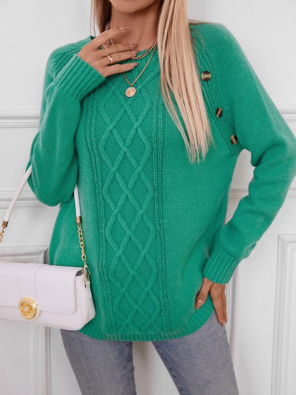 Decorative Button Round Neck Raglan Sleeve Sweater For Discount - Image 4