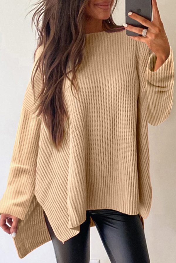 Side Slit Round Neck Long Sleeve Sweater Online