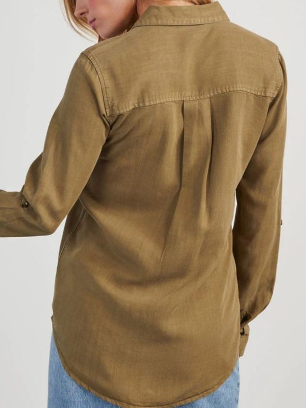 Collared Neck Roll-Tab Sleeve Denim Top Cheap - Image 5