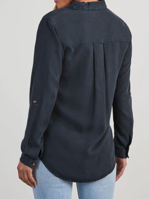 Collared Neck Roll-Tab Sleeve Denim Top Cheap - Image 3