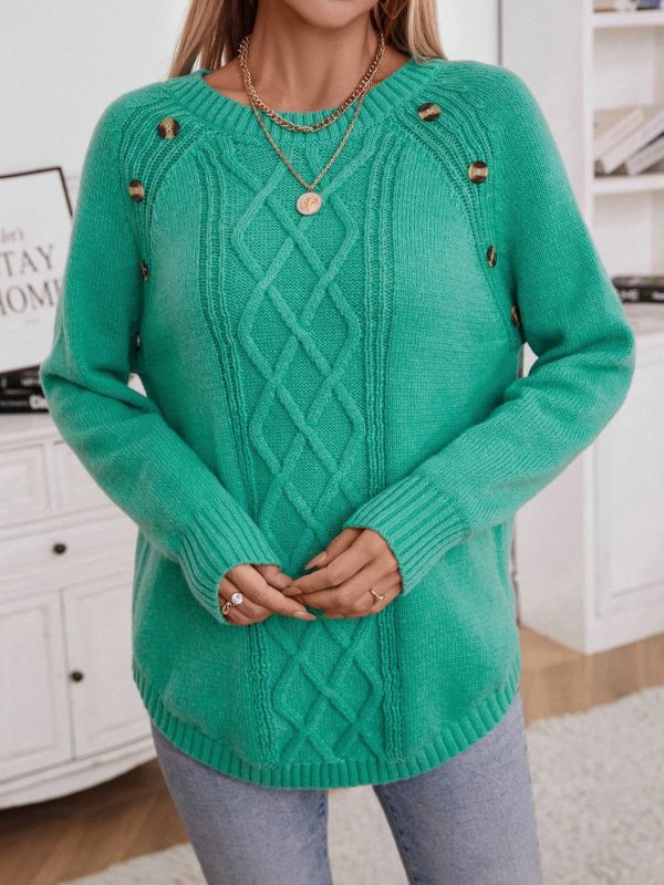 Decorative Button Round Neck Raglan Sleeve Sweater For Discount