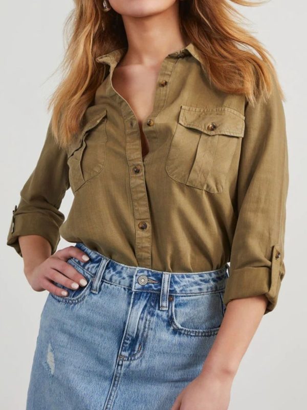 Collared Neck Roll-Tab Sleeve Denim Top Cheap - Image 4